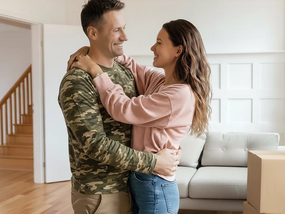 U.S. service member and partner in the living room of their off-base home in Germany during TDY stay