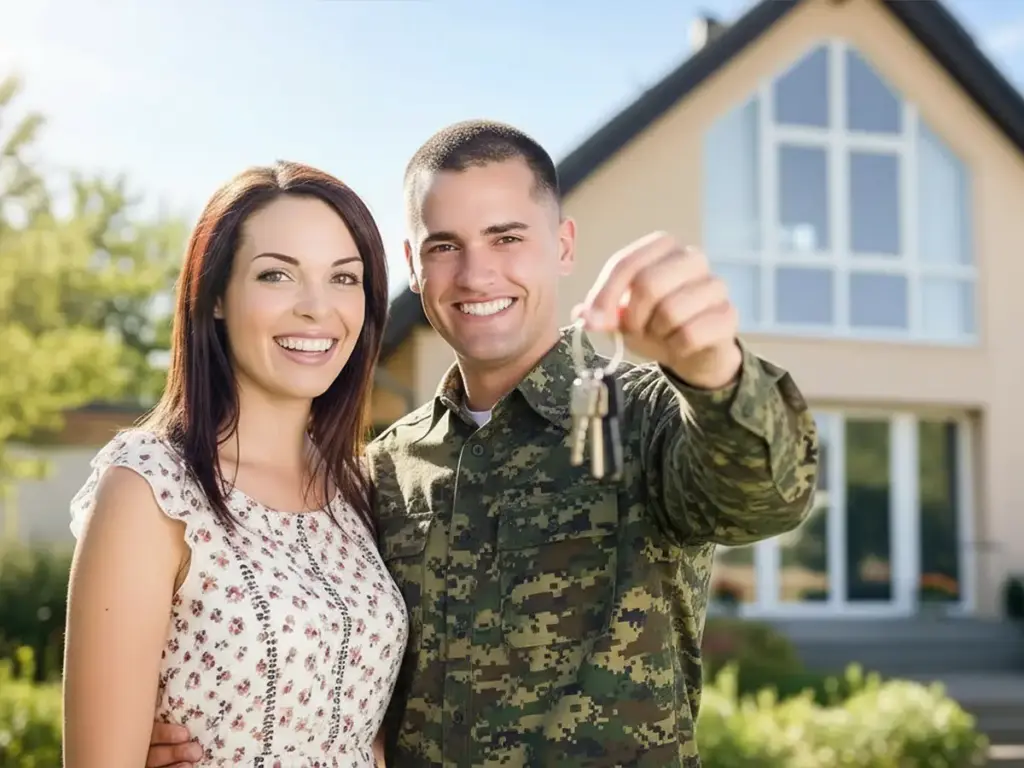U.S. service member and partner holding house keys in front of off-base home in Germany during TLA stay