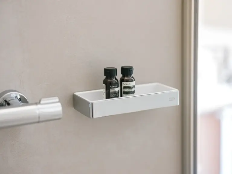 Bathroom shelf with toiletries in OPAL GREEN apartment