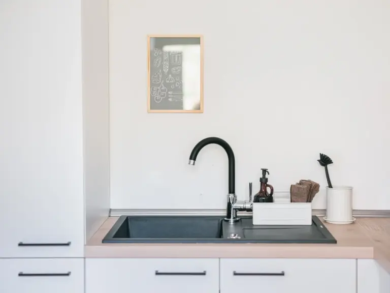 Modern black kitchen sink with faucet in OPAL GREEN apartment near Ramstein