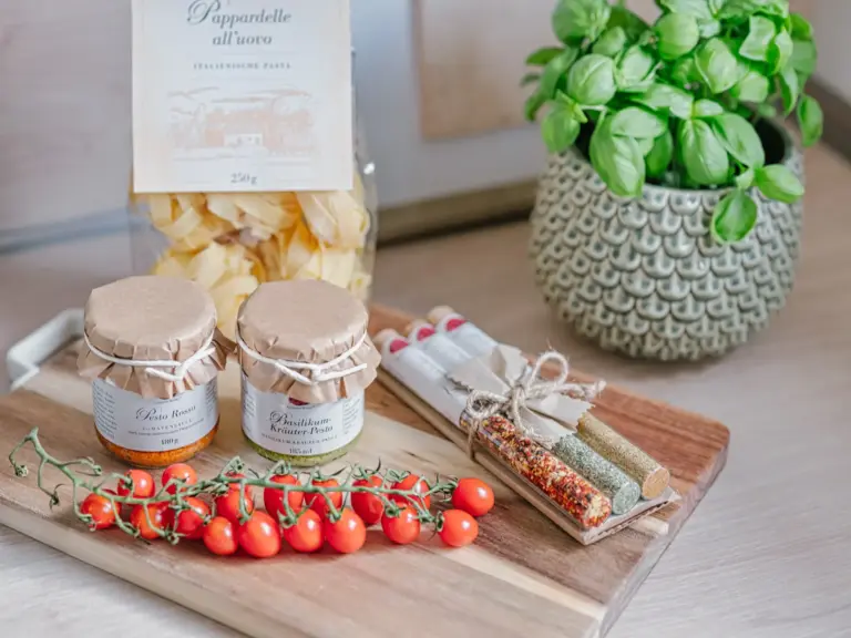Kitchen welcome detail with pasta and ingredients in OPAL GREEN near Ramstein