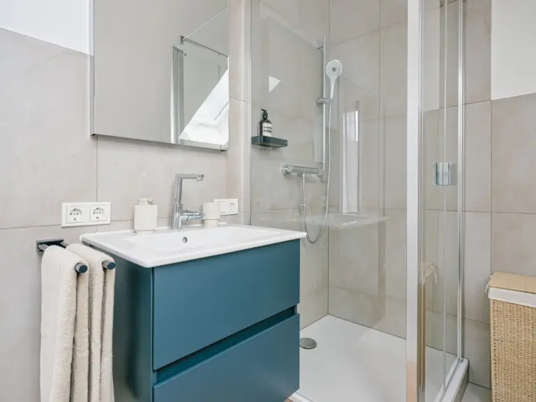 Bathroom sink with vanity and walk-in shower in OPAL BLUE