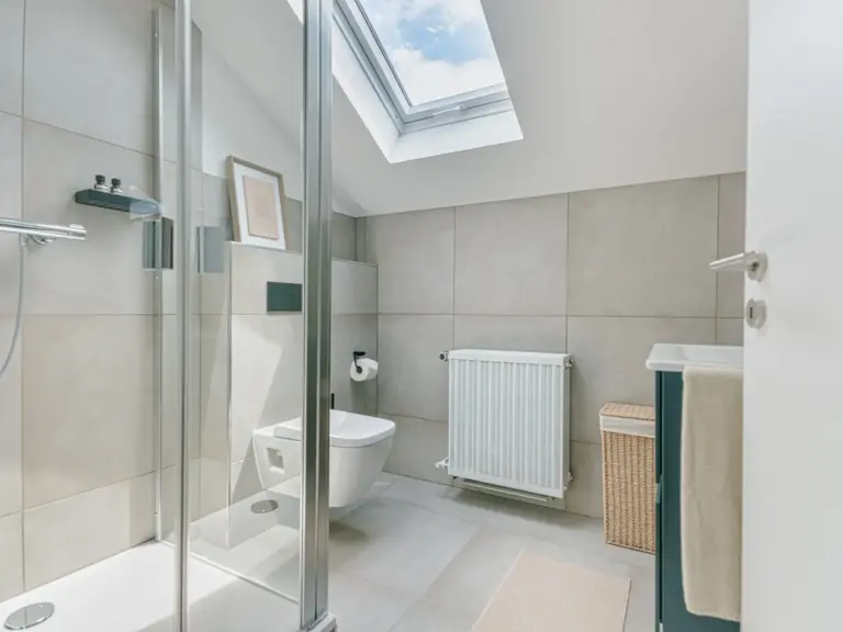 Second bathroom with shower and skylight in OPAL BLUE