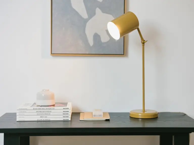Desk detail with lamp and decor in OPAL BLUE second bedroom