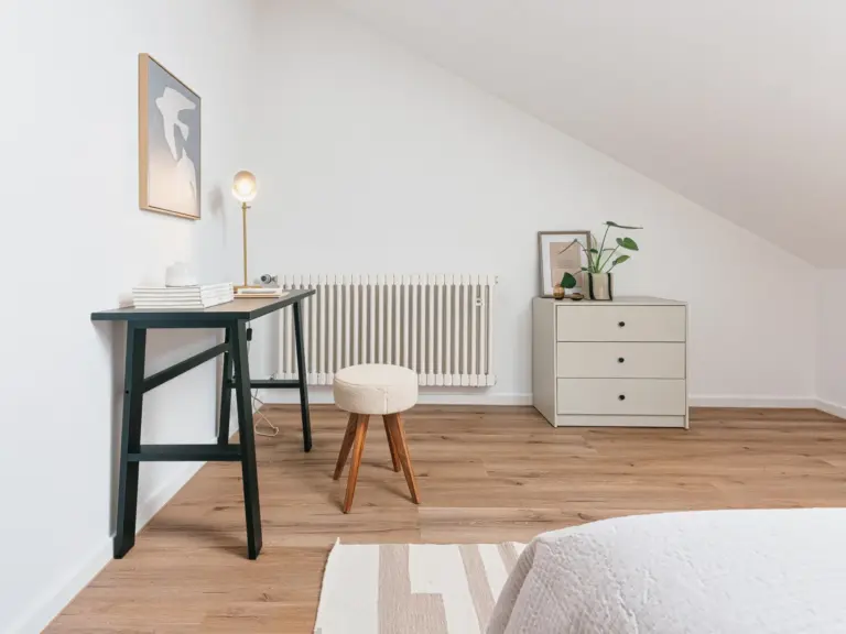 Second bedroom with desk and dresser in OPAL BLUE