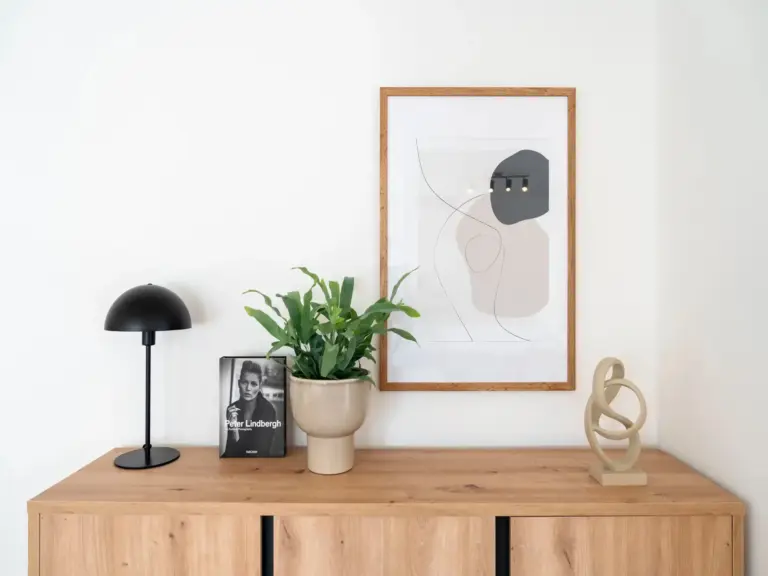 Modern sideboard with plant, lamp, and framed abstract artwork