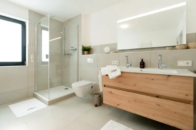 Modern bathroom with walk-in shower and double vanity in Opal White apartment