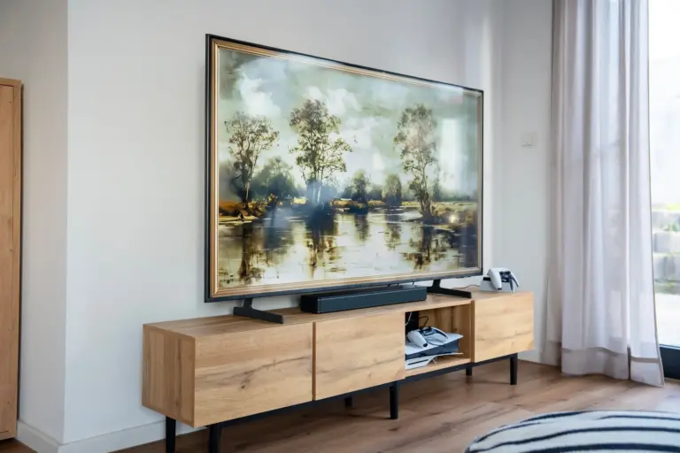 Modern living room with large TV, BOSE soundbar and PlayStation 5 gaming console in Opal White