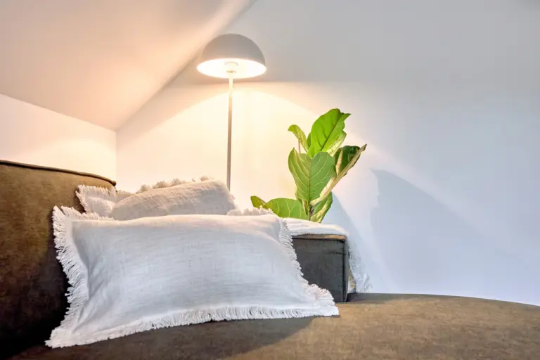 Cozy sofa with soft cushions, floor lamp and greenery in the CORAL SUN living room
