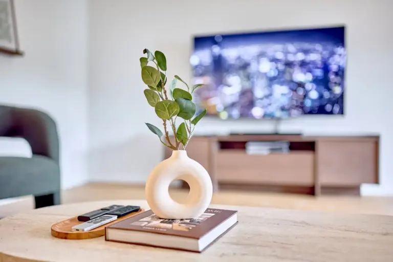 Decorative vase and coffee table details with Smart TV in the CORAL SUN living room