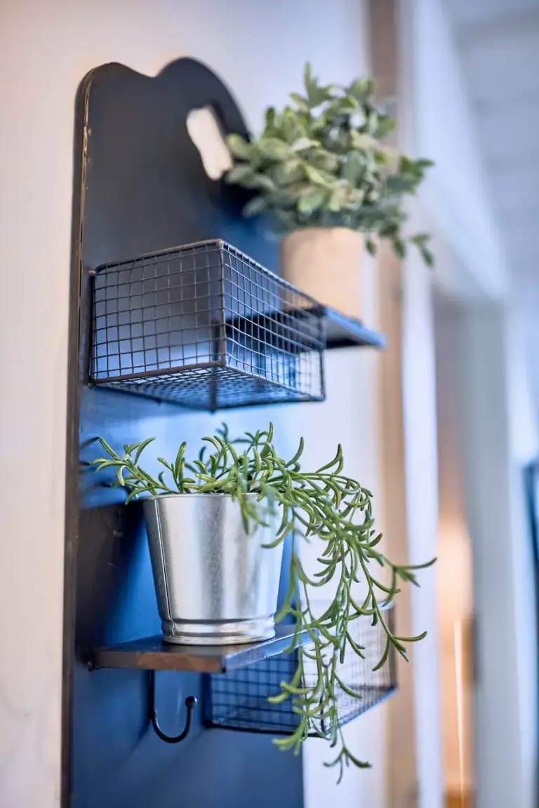 Decorative wall organizer with plants in hallway at Stay Eden AMBER GLOW