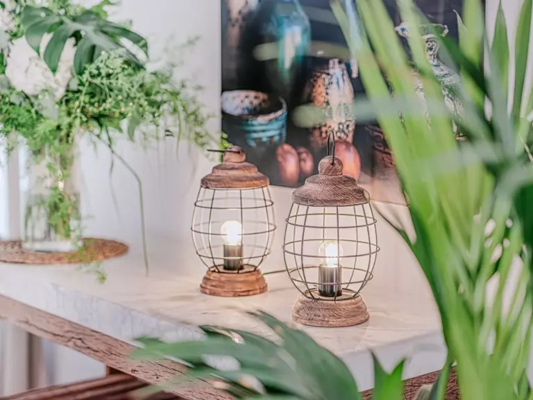 Decorative lanterns and plants in the living room at PEARL WHITE