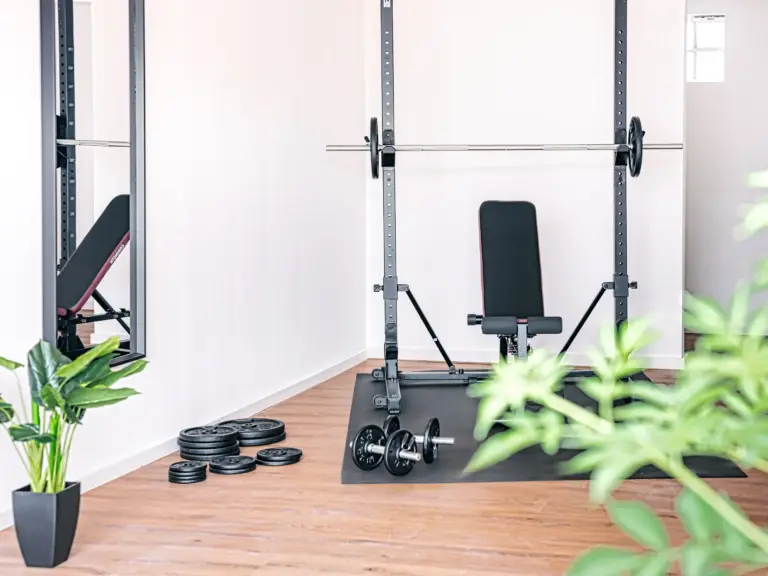 Home gym with weight bench and free weights for PEARL WHITE and PEARL SILVER