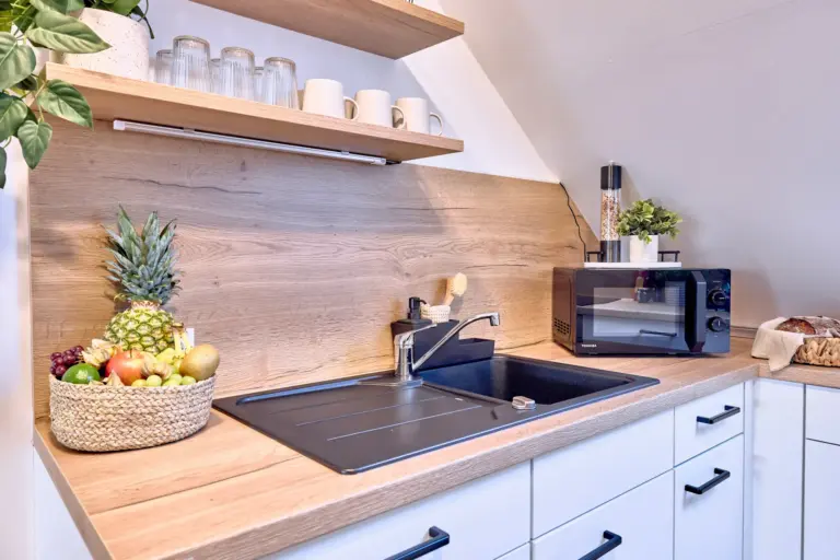 Kitchen sink, microwave and countertop at RUBY NOIR